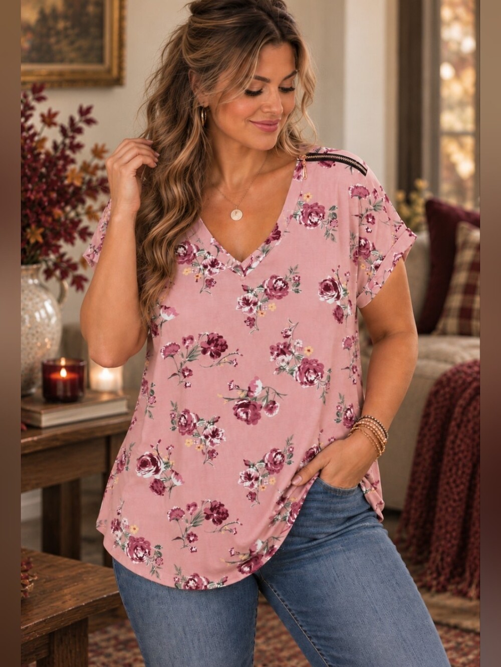 Blush Pink Floral Rose Print V-Neck Top Rose Gold Zipper Detail 2X Feminine Boho